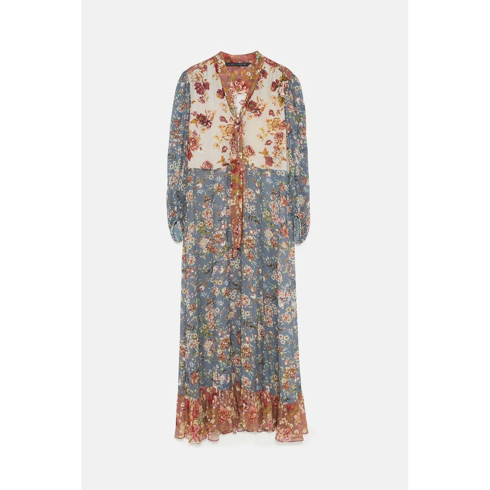 Zara Fall Floral Patchwork Midi Dress Small Boho Cottagecore